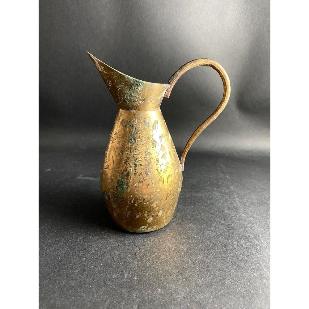 Vintage Brass Pitcher with Etched Leaf Design – Home Decor, Original Patina